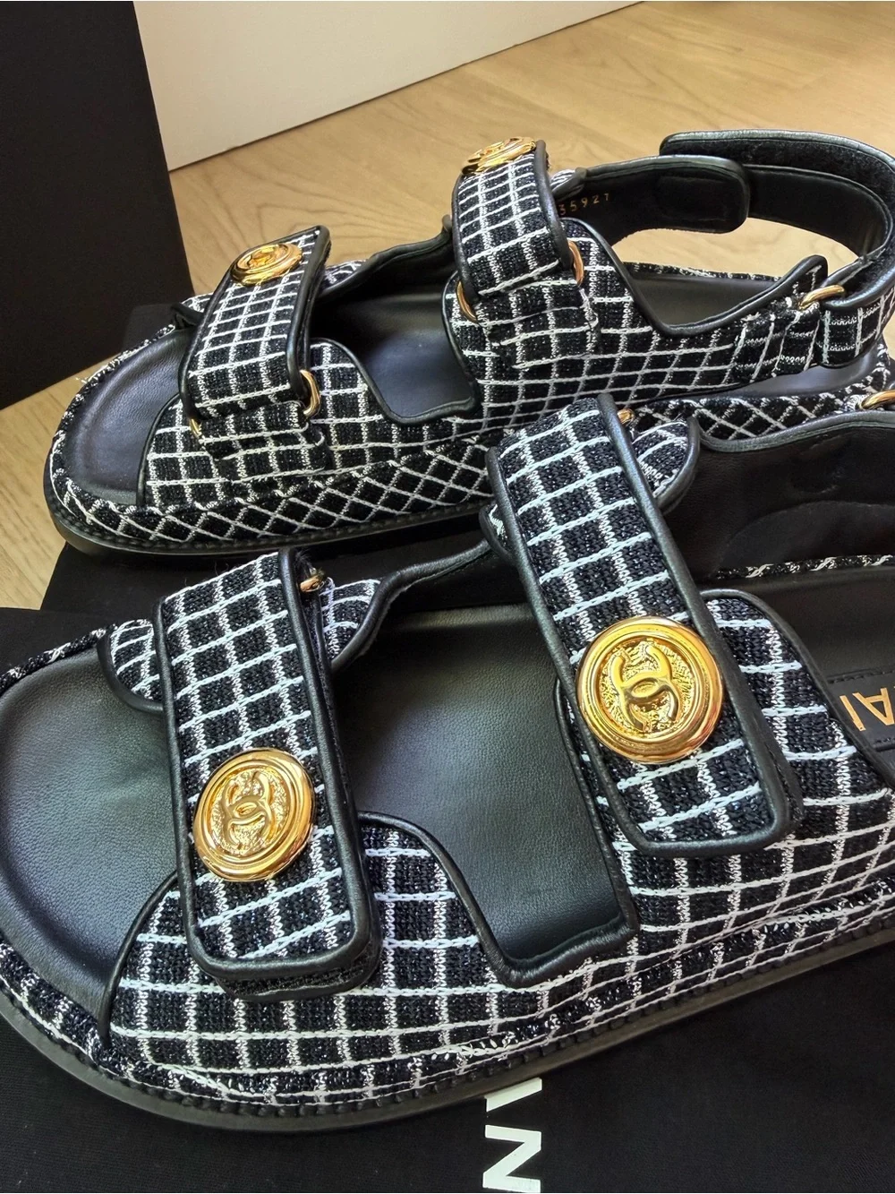 CHANEL Black White Tweed Double-Strap Sandals with Gold CC Buttons